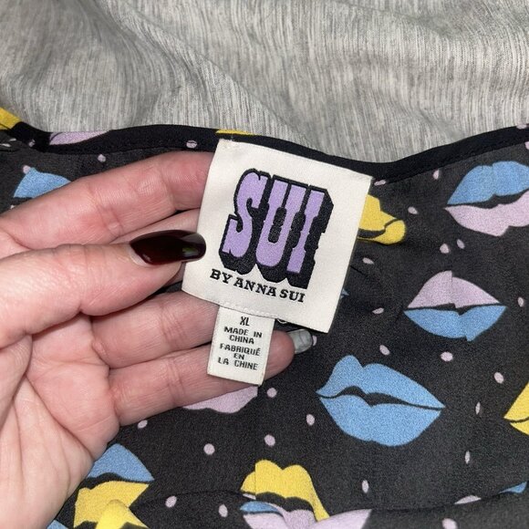 Anna Sui Black Multicolor Lip Print Ruffle Hem Retro Art Midi Skirt Size Large - Picture 6 of 8